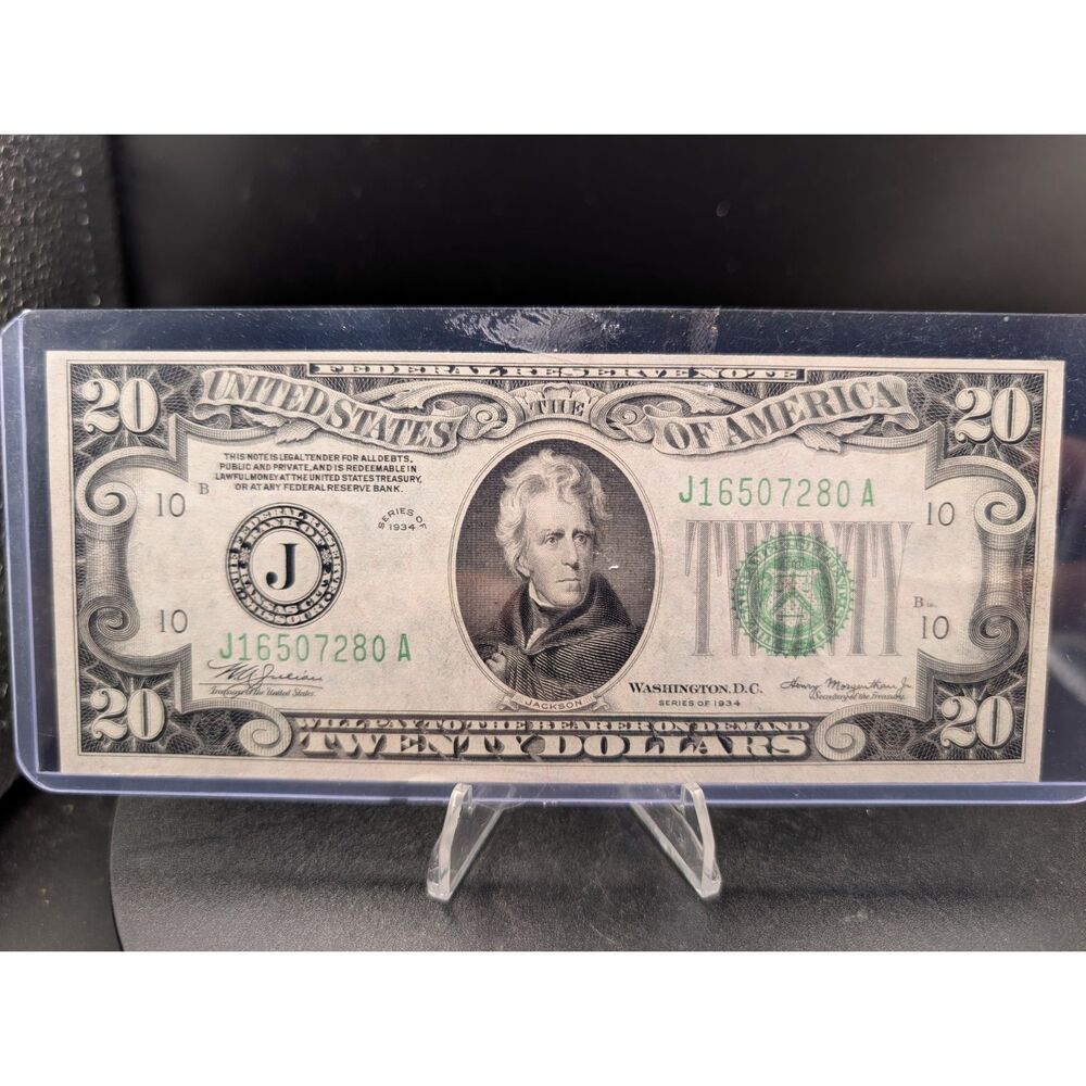 1934 $20 Federal Reserve Note Gas Pump Error Stuck Digit Serial J16507280A FRN